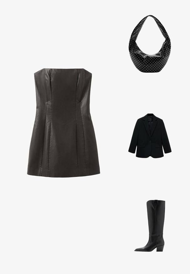 Zwarte blazer van gladde stof. Heeft een enkele knoopsluiting, notch-lapels en twee voorzakken. Simpel, op maat gemaakt ontwerp.; Zwart leren strapless jurk met een nauwsluitend lijfje, plooien en een gladde textuur. Heeft een rechte halslijn en een uitlopende onderkant.; Hoge zwarte leren laars met puntige neus en middelhoog schuin hakje, met een trekbandje bovenaan de schacht.; Zwarte leren handtas met een nonchalante vorm, versierd met zilveren studs en een brede schouderband. Gladde textuur met een geplooid ontwerp.