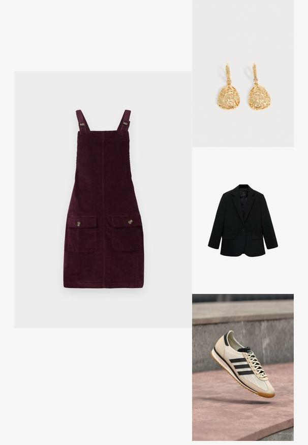 Zwarte blazer van gladde stof. Heeft een enkele knoopsluiting, notch-lapels en twee voorzakken. Simpel, op maat gemaakt ontwerp.; Katoenen jurk in diep bordeauxrood, met verstelbare schouderbanden, voorsluitingen met metalen hardware en een getailleerde pasvorm. Gelaagd stof.; Beige en zwarte Adidas sneaker met een gumzool, zwevend boven een stenen oppervlak, met zijkant- en bovenaanzichten.; Een paar oorbellen in goudkleurige druppelvorm met een ingewikkeld bloem- en krulfiligraanontwerp en kleine heldere steentjes op hefboomsluitingen.
