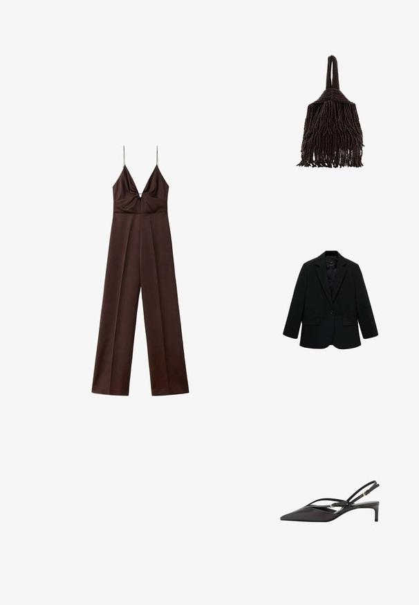 Sort blazer lavet af glat stof. Har en enkelt knaplukning, notchede klapkraver og to frontlommer. Enkel, skræddersyet design.; Mørkebrunt jumpsuit med vide ben, tynde spaghetti-stropper og en dyb V-halsudskæring med rynkede detaljer ved brystet.; Sort læder slingback pumpe med spids tå, slanke ankelremme og lav stilettohæl. Glat tekstur med minimalistisk design.; Lille mørkebrunt håndtaske dækket af tætte perlestrenge med et løkkehåndtag og et frynset, tekstureret design.
