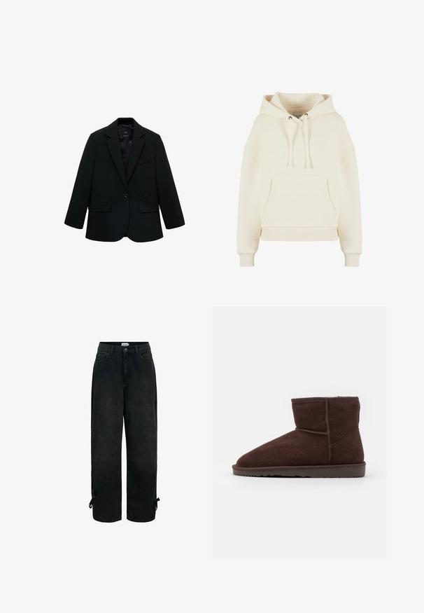 Blazer noir en tissu lisse. Présente une fermeture à un bouton, des revers crantés et deux poches avant. Design simple et ajusté.; Sweatshirt à capuche de couleur crème, fabriqué en tissu doux, avec une poche avant, des poignets côtelés et un cordon de serrage dans la capuche.; Jean noir taille haute à jambes larges, avec poches avant, fermeture par boutons et liens réglables près de l’ourlet inférieur sur les deux jambes.; Bottines en daim marron avec un bout arrondi et un intérieur doux, dotées d'une semelle en caoutchouc plate et d'accents de couture ton sur ton.