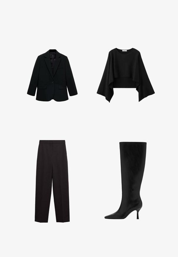 Sort blazer lavet af glat stof. Har en enkelt knaplukning, notchede klapkraver og to frontlommer. Enkel, skræddersyet design.; Sort kort top med brede, flydende lange ærmer og rund halsudskæring, lavet af blødt stof.; Sorte, højttaljede, skræddersyede bukser med lige ben, sidelommer og skjult forlukning foran.; Sorte læderknæhøje støvler med spids tå og stiletthæl. Glat tekstur med et elegant design, ingen synlige hardware eller dekorationer.