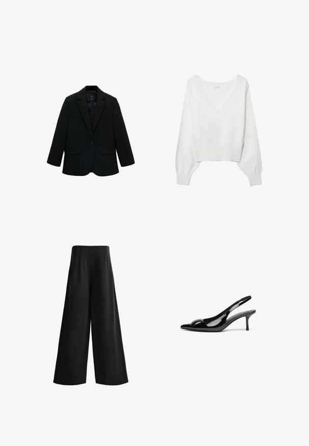 Blazer noir en tissu lisse. Présente une fermeture à un bouton, des revers crantés et deux poches avant. Design simple et ajusté.; Pull blanc court avec un col en V, des poignets et un ourlet côtelés. Confectionné dans un tissu doux, avec des manches longues et une coupe décontractée.; Pantalon noir taille haute à jambes larges en tissu lisse avec une finition propre et ajustée.; Escarpins slingback en cuir verni noir avec un bout pointu et une finition brillante. Présente un talon fin et un accent arrondi au dessus du pied.