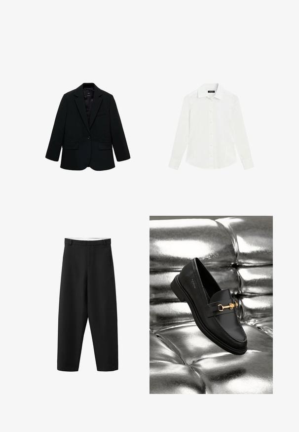 Zwarte blazer van gladde stof. Heeft een enkele knoopsluiting, notch-lapels en twee voorzakken. Simpel, op maat gemaakt ontwerp.; Wit overhemd met lange mouwen, kraag en manchetten, plat liggend op een witte achtergrond.; Zwarte rechte broek met lussen voor een riem, een voorrits en een strak, eenvoudig ontwerp dat geschikt is voor formeel of casual dragen.; Zwarte leren instapper met een goudkleurig hardware-detail. De schoen heeft een strak ontwerp en een gladde, glanzende textuur.