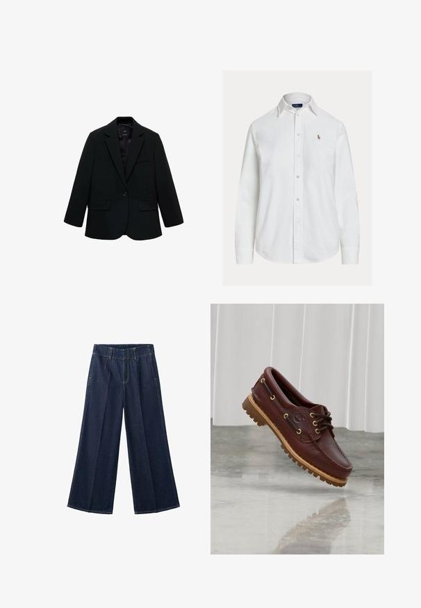 Zwarte blazer van gladde stof. Heeft een enkele knoopsluiting, notch-lapels en twee voorzakken. Simpel, op maat gemaakt ontwerp.; Wit overhemd met lange mouwen, knoopsluiting en kraag en een klein geborduurd logo op de linkerborst, weergegeven op een effen achtergrond.; Donkerblauwe denim spijkerbroek met wijde pijpen, plooien aan de voorkant, riemlussen en zichtbare stiksels.; Donkerbruine leren bootschoen met tan rubberen profielzool en zwarte veters, zwevend afgebeeld boven een gepolijste vloer en witte achtergrond.