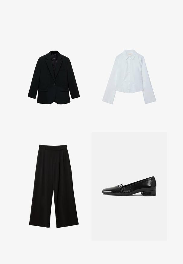Sort blazer lavet af glat stof. Har en enkelt knaplukning, notchede klapkraver og to frontlommer. Enkel, skræddersyet design.; Hvid langærmet cropped skjorte, knaplukning foran med spids krave, glat tekstur og subtil glans, med en lige nederkant.; Sorte bukser med vidde ben, høj talje, forreste folder, bæltestropper og en afslappet pasform.; Sorte patentlæder balletflade med spids tå, lav firkantet hæl og en lille metallisk spænde detalje på remmen. Glat tekstur.
