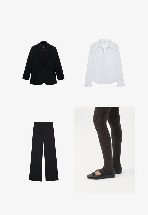 Sort blazer lavet af glat stof. Har en enkelt knaplukning, notchede klapkraver og to frontlommer. Enkel, skræddersyet design.; Hvid skjorte med lange ærmer, klassisk krave, knaplukning foran og let udvidede manchetter, lavet af glat stof med en diskret glans.; Sorte bukser med vide ben med knap- og lynlåslukning, bæltestropper og en glat, skræddersyet finish.; Ben iført mørke ribbede leggings kombineret med sorte balletsko med små sløjfedetaljer på hvid baggrund.