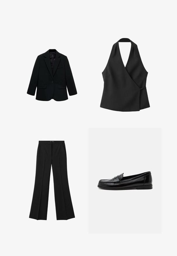 Blazer negro hecho de tela suave. Presenta un cierre de un solo botón, solapas con muesca y dos bolsillos frontales. Diseño simple y ajustado.; Top negro sin mangas cruzado con escote halter y detalle de lazo lateral sobre fondo blanco.; Pantalones negros de pierna acampanada hechos a medida, con costuras frontales y bolsillos laterales, diseñados para un aspecto formal o profesional.; Mocasín negro de cuero con tacón bajo y puntera redondeada, con un acabado liso y brillante y una clásica tira cruzando la parte superior.