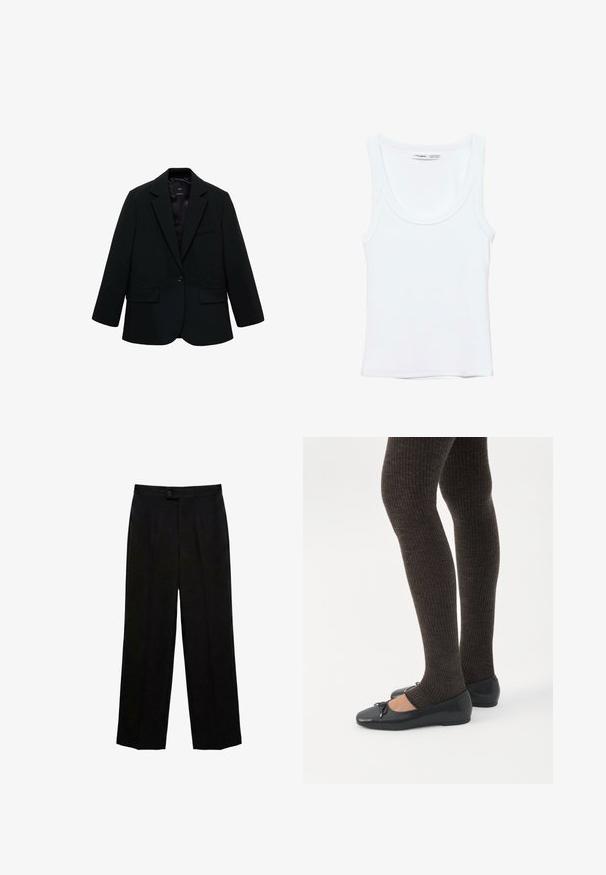 Zwarte blazer van gladde stof. Heeft een enkele knoopsluiting, notch-lapels en twee voorzakken. Simpel, op maat gemaakt ontwerp.; Effen witte mouwloze tanktop met ronde hals, gemaakt van zachte stof, met een label aan de binnenkant van de kraag dat merk en maat aangeeft.; Zwarte rechte pantalon met knoopsluiting en voorplooi, ontworpen voor formeel of kantoor gebruik.; Benen met donkere geribbelde leggings gecombineerd met zwarte ballerina's met kleine strikdetails op een witte achtergrond.