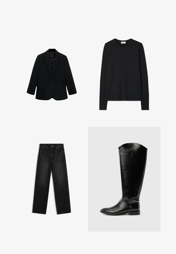 Zwarte blazer van gladde stof. Heeft een enkele knoopsluiting, notch-lapels en twee voorzakken. Simpel, op maat gemaakt ontwerp.; Zwarte katoenen shirt met lange mouwen, ronde hals en rechte zoom. De stof lijkt glad met minimale naden en geen zichtbare patronen.; Zwarte rechte denim jeans met voorzakken, riemlussen en knoopsluiting, getoond tegen een witte achtergrond.; Hoge zwarte leren laars met een puntige neus, lage hak en zilverkleurig metalen detail bij de enkel, afgebeeld op een effen witte achtergrond.