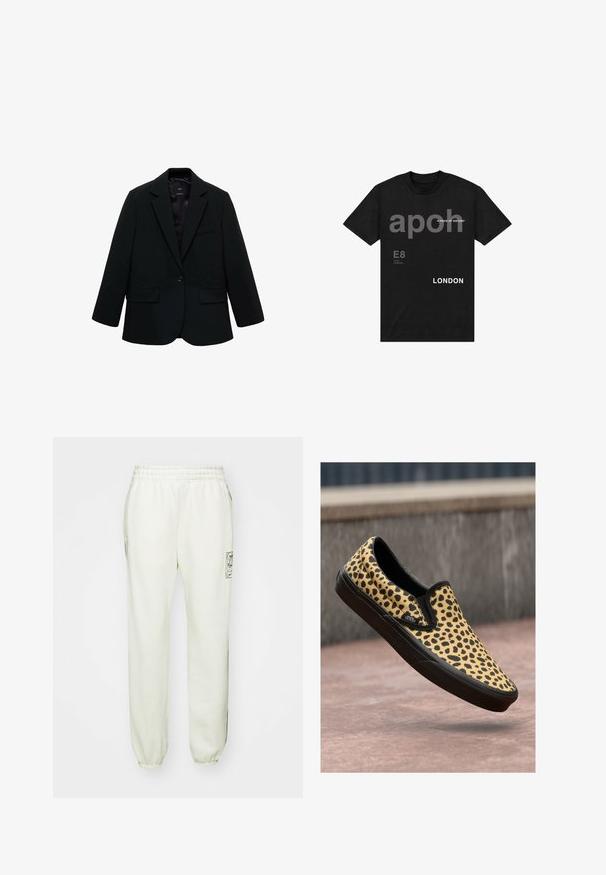Zwarte blazer van gladde stof. Heeft een enkele knoopsluiting, notch-lapels en twee voorzakken. Simpel, op maat gemaakt ontwerp.; Zwart katoenen T-shirt met gedurfde grafische tekst, waaronder "apoh," "E8," en "LONDEN" in grijs en wit, met een ronde hals.; Lichtbeige trainingsbroek met een elastische tailleband, zijzakken en gebarreerde uiteinden. Heeft een grafische logo op de linker bovenbeen.; Instapper met een geel en zwart gevlekt patroon en zwarte zool, zwevend boven een rozeachtige betonnen oppervlak.