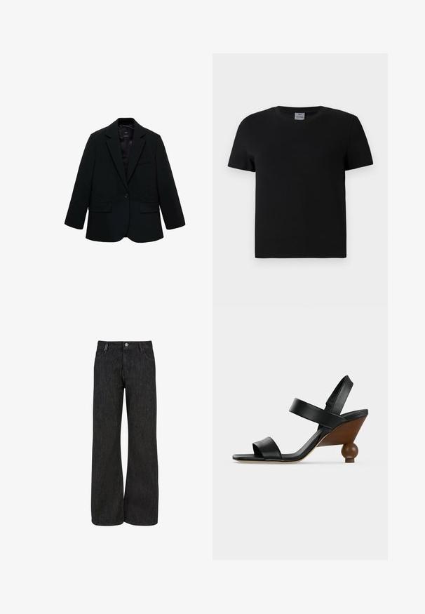 Zwarte blazer van gladde stof. Heeft een enkele knoopsluiting, notch-lapels en twee voorzakken. Simpel, op maat gemaakt ontwerp.; Zwart katoenen t-shirt met een ronde hals en korte mouwen. Eenvoudig ontwerp, geen patronen of accenten, met een recht gesneden taille.; Wijd gesneden jeans van donker denim, met een hoge taille, voorzakken en een subtiel gestructureerd patroon. Klassiek ontwerp met een knoopsluiting.; Zwarte leren open sandaal met twee bandjes en een houten sleehak met een ronde bolvormige basis.