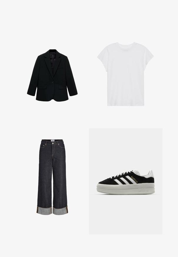 Blazer negro hecho de tela suave. Presenta un cierre de un solo botón, solapas con muesca y dos bolsillos frontales. Diseño simple y ajustado.; Camiseta blanca de manga corta con cuello redondo, corte relajado, hecha de suave tela de algodón. Textura lisa, sin estampados ni logotipos.; Vaqueros azul oscuro de pierna ancha con dobladillos remangados, cinco bolsillos y costuras en contraste de color amarillo.; Zapatillas negras de ante con detalles en cuero blanco, tres rayas blancas, cordones planos y una gruesa suela de plataforma gris. Marca "Gazelle" en dorado.