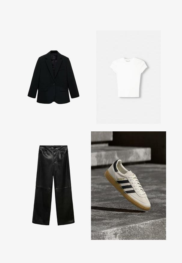 Sort blazer lavet af glat stof. Har en enkelt knaplukning, notchede klapkraver og to frontlommer. Enkel, skræddersyet design.; Hvid kortærmet t-shirt lavet af blød bomuld, med rund halsudskæring og en tætsiddende form. Ingen synlige mønstre eller udsmykninger.; Sorte faux læder brede bukser med frontlukning med knap, to sidelommer og kontrasterende teksturerede paneler på underbenene.; Hvid Adidas Spezial sneaker med sorte striber og gummisål, svævende over grå stentrin udendørs.