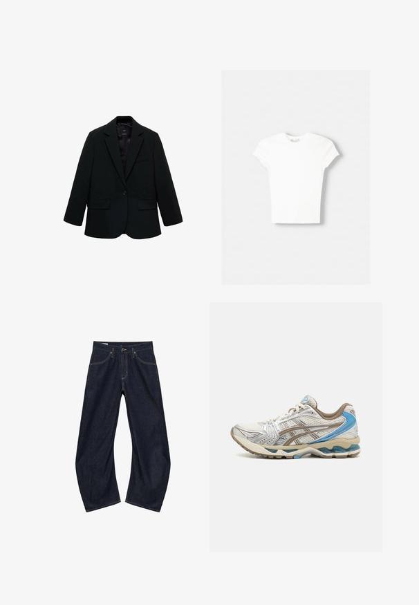 Sort blazer lavet af glat stof. Har en enkelt knaplukning, notchede klapkraver og to frontlommer. Enkel, skræddersyet design.; Hvid kortærmet t-shirt lavet af blød bomuld, med rund halsudskæring og en tætsiddende form. Ingen synlige mønstre eller udsmykninger.; Mørkeblå vidde cowboybukser med forlommer, bæltestropper og knaplukning, lagt fladt på en hvid baggrund.; Hvid og beige løbesko med blå accenter, netoverdel, polstret sål og snørelukning, vist fra ydersiden.