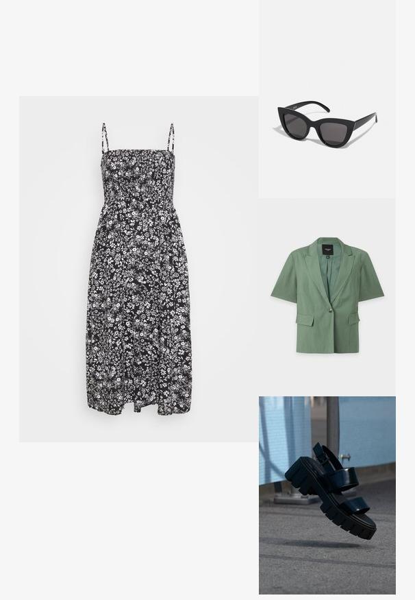 Veste verte à manches courtes avec revers crantés, un bouton devant et deux poches à rabat, présentée à plat sur fond blanc.; Robe midi noire à fleurs avec un corps ajusté, des bretelles spaghetti réglables et une taille smockée. Le tissu a une texture douce et légère.; Sandale plateforme noire épaisse avec deux brides et une boucle, suspendue en l'air au-dessus d'un sol en béton gris et d'un fond en tissu bleu.; Lunettes de soleil noires en forme d'œil de chat avec une finition mate, dotées de verres teintés gris, d'angles aigus et de branches élégantes. Nom de la marque visible sur la branche intérieure.