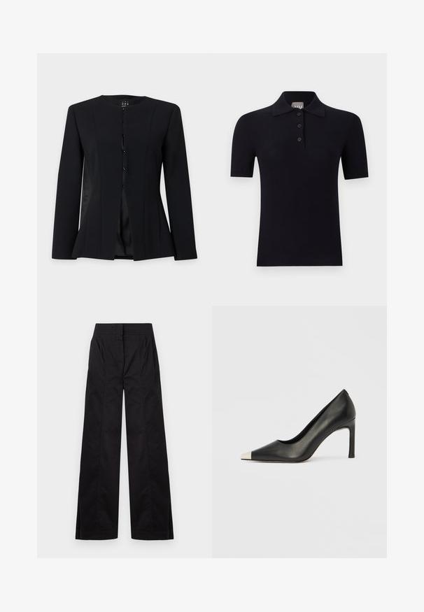 Blazer noir à manches longues, coupe ajustée, col rond, boutonnage simple devant et taille légèrement évasée, présenté sur un fond uni.; Polo noir à manches courtes avec une patte de boutonnage trois boutons et un col, présenté sur un fond clair uni.; Pantalon noir taille haute à jambes larges avec des détails de coutures frontales et des poches latérales, présenté sur un fond clair uni.; Chaussure à talon haut en cuir noir avec bout pointu et capuchon argenté métallique. Présente une finition lisse et un talon fin de 10 cm.