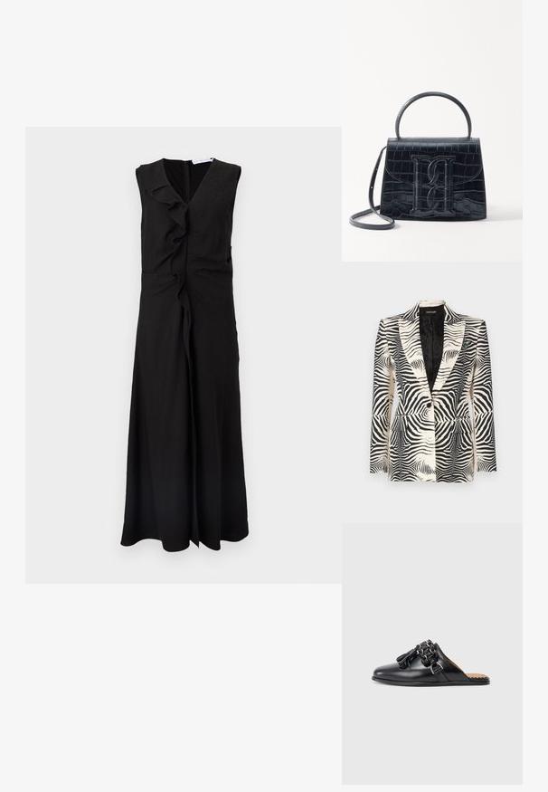 Zebra-mønstret blazer med en struktureret design, enkeltknapslukning og to frontlommer, lavet af et glat, letvægtsstof.; Ærmeløs sort midi-kjole med V-hals og en central flæsedetalje, der løber lodret fra halsudskæringen til kanten.; Sorte læder slip-on sko med rund tå, der har en fletket kædeaccent og frynser. Glat tekstur og flad sål.; Sort krokodillede læderhandbag med en struktureret design, top-håndtag, justerbar rem og et fremtrædende frontlogo.