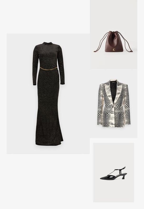 Zebra-mønstret blazer med en struktureret design, enkeltknapslukning og to frontlommer, lavet af et glat, letvægtsstof.; Sort aftenkjole med lange ærmer og glimmer, figursyet silhuet og et guldkæde bælte, der fremhæver taljen. Glat, elastisk stof.; Sort laklæder sko med lav hæl, spids tå, T-rem og spænde lukning på lys neutral baggrund.; Brun læderpose med snøre, lange tynde stropper og en lille gylden bogstav C-emblem i bunden midt.