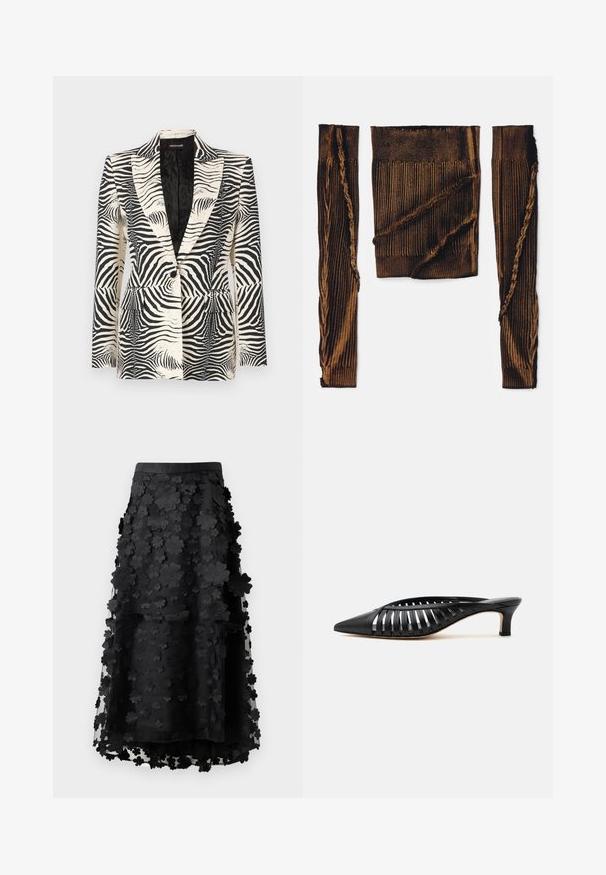 Zebra-mønstret blazer med en struktureret design, enkeltknapslukning og to frontlommer, lavet af et glat, letvægtsstof.; Brun ribbet stof top med lange ærmer, der har frynset kanter og ujævn tekstur. Fremhæver et slidt design med en cropped pasform.; Sort midi-nederdel lavet af gennemsigtigt stof med lagdelte blomsterapplikationer. Har en glat talje og en svajende silhuet. Ingen synlige lukninger.; Sort læder mule med spids snude, stropdetalje og lav kittenhælk på hvid baggrund.