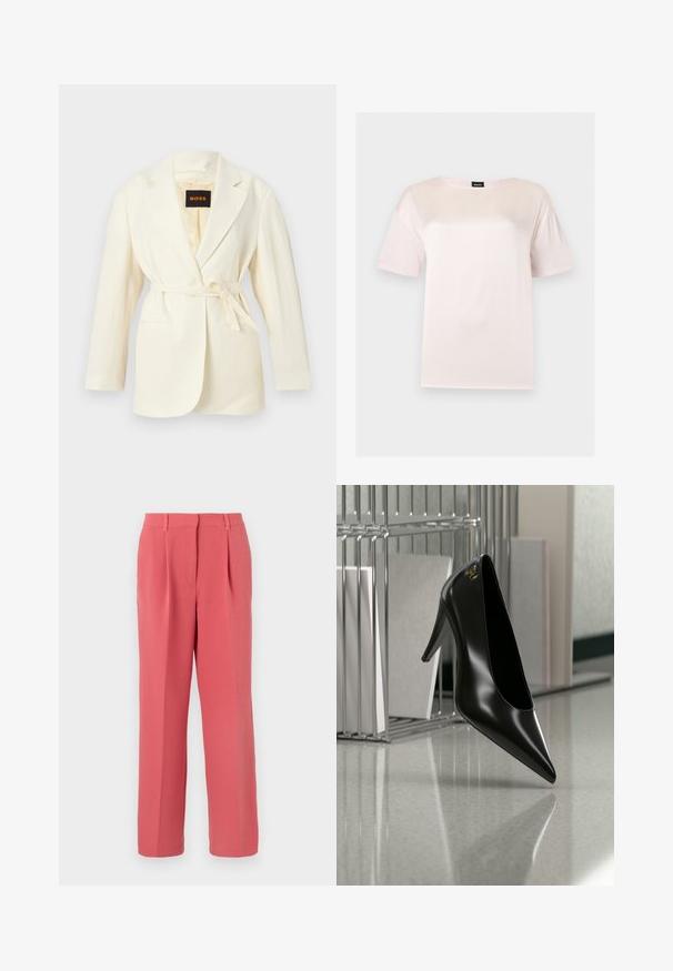 Blazer pour femme couleur crème avec revers crantés, manches longues, deux poches avant, et une ceinture à nouer à la taille, étiquette BOSS à l'intérieur du col.; T-shirt en coton rose clair à manches courtes avec un col rond et une étiquette noire de la marque BOSS à l'intérieur du col.; Pantalon taille haute sur mesure couleur corail rose, avec plis sur le devant, passants pour ceinture, et jambes droites, sur un fond clair uni.; Chaussure noire à talon haut avec bout pointu et logo doré, posée sur une surface réfléchissante près d'un organiseur de dossiers en fil chromé contenant des documents.