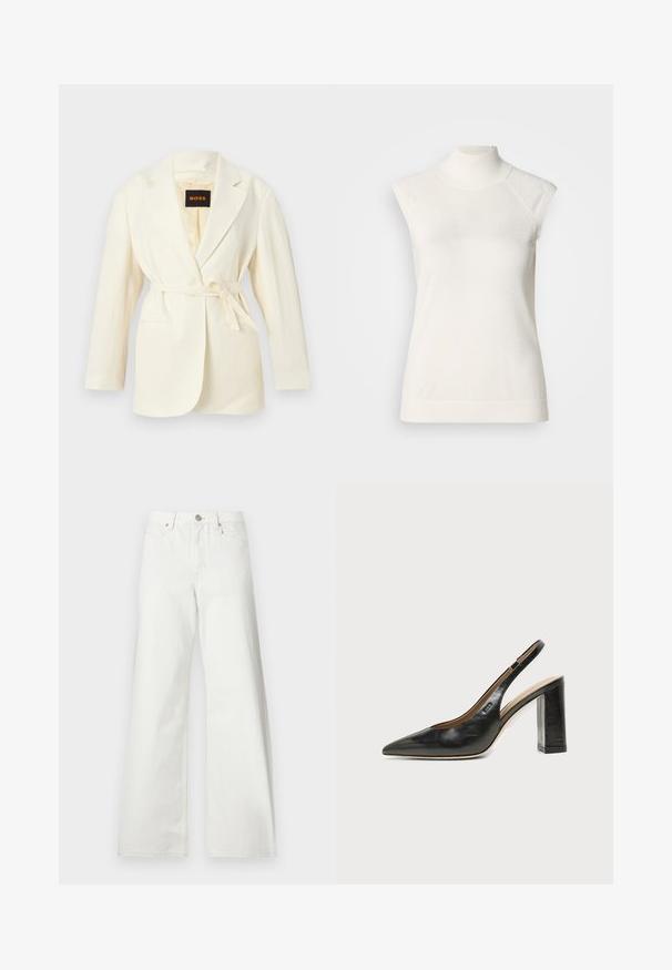 Blazer pour femme couleur crème avec revers crantés, manches longues, deux poches avant, et une ceinture à nouer à la taille, étiquette BOSS à l'intérieur du col.; Haut sans manches à col roulé blanc en matière douce ; présente une coupe ajustée avec un col montant et une texture subtilement côtelée à l'ourlet.; Jean blanc taille haute à jambes larges, fermeture à boutons devant, passants de ceinture et poches avant sur fond uni.; Chaussure slingback en cuir noir à bout pointu avec un talon bloc haut et une doublure intérieure beige sur un fond clair uni.