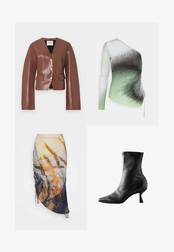 Brun faux læder blazer med v-hals, lange ærmer, frontknaplukning og to frontlommer. Glat tekstur med let glans.; Elleme ONE SHOULDER - Langærmet T-shirt - light green/white; Materiel DIAGONAL GATHERED SKIRT - Pencil skirt - golden hour; Sort læder ankelstøvle med spids tå, tætsiddende design og en lav, udskilt hæl, med glat tekstur og minimale syninger.