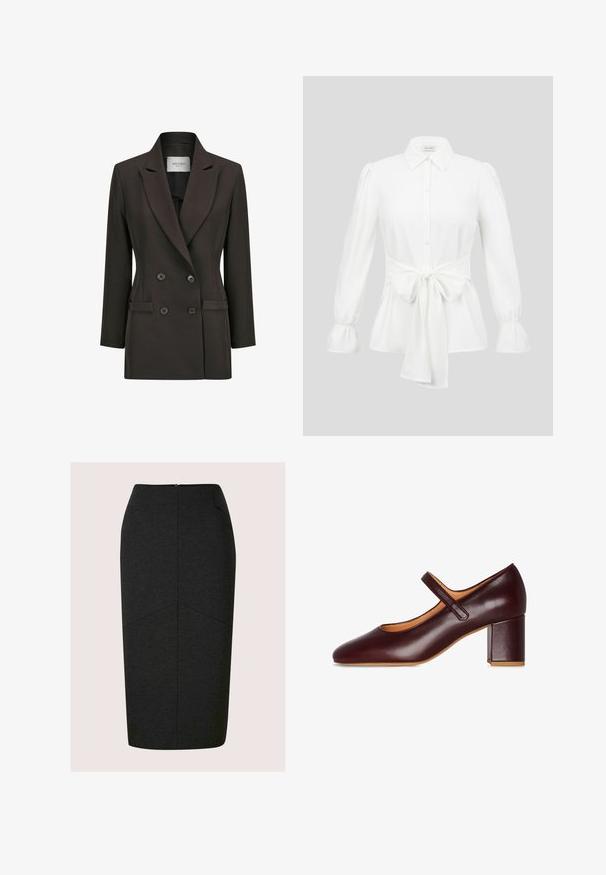Dubbelborstige bruine blazer met een opstaande kraag, twee voorzakken en zwarte knopen. Glad textuur en een getailleerde pasvorm.; Witte blouse met lange mouwen, knoopsluiting aan de voorkant, puntige kraag, opgeblazen mouwen, elastische manchetten en een brede, gebonden tailleband.; Donkergrijze kokerrok met een hoge taille, zichtbare naden die een V-vorm vormen bij de heupen en zijzakken, plat afgebeeld op een lichte achtergrond.; Bordeaux leren Mary Jane-schoen met een vierkante neus, verstelbaar bandje en een stevige blokhak. Gladde textuur en minimalistisch ontwerp.