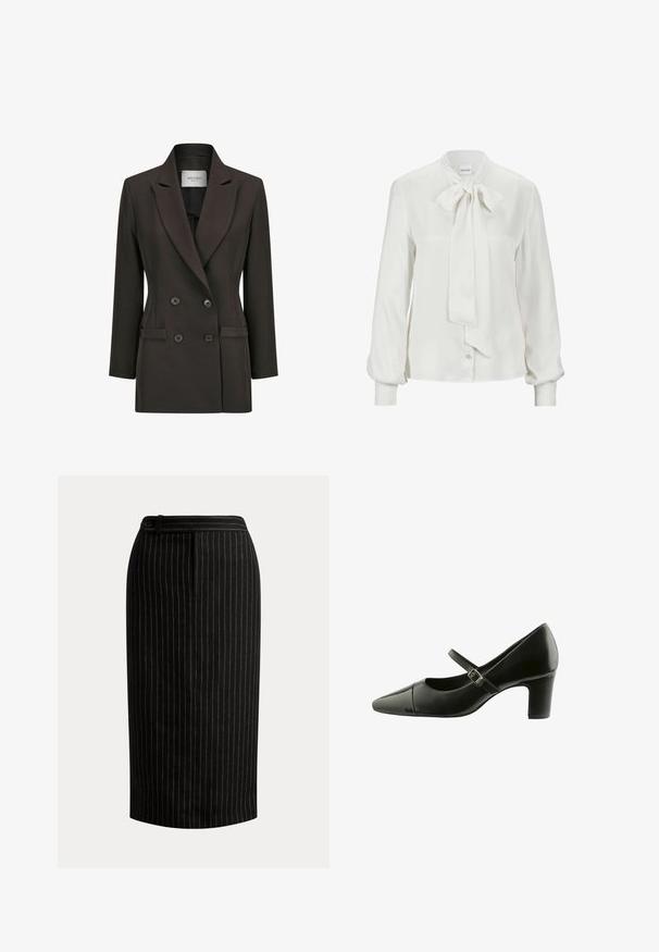 Dubbelborstige bruine blazer met een opstaande kraag, twee voorzakken en zwarte knopen. Glad textuur en een getailleerde pasvorm.; Witte blouse van gladde stof, met een strik aan de kraag, lange pofmouwen en een knoopsluiting aan de voorkant.; Zwarte kokerrok tot op de knie met dunne verticale witte speldenstrepen en een tailleband met knoopdetail.; Zwarte lakleren Mary Jane schoen met een puntige neus, getextureerde bovenkant, verstelbare gesp en een gematigde blokhak.