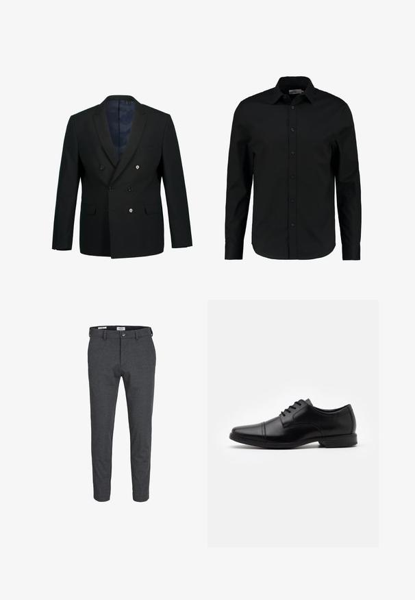 Sort dobbeltbrystet blazer med spidse slag, to forlommer, tre knapper og en blå mønstret indvendig foring.; Sort langærmet skjorte lavet af glat stof, har en knaplukning foran, spidse kraver og en skræddersyet pasform med en buet kant.; Mørkegrå slim fit herrebukser med bæltestropper, forrest lukning med knapper og sidelommer, vist mod en hvid baggrund.; Sorte lædersko med spids tå, snørelukning, diskrete stikninger og en lav, struktureret gummisål.