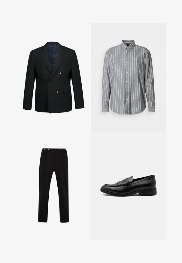 Sort dobbeltbrystet blazer med spidse slag, to forlommer, tre knapper og en blå mønstret indvendig foring.; Grå skjorte med knapper og hvide vertikale striber, lange ærmer og krave. Har en lille logo på brystet. Fremstillet af bomuld.; Sorte bukser lavet af blødt stof, med elastisk talje, tre trykknapper og frontfolder for ekstra detaljer. Lige ben design.; Sort læder herre loafers med kvast detalje, rundet tå, lav hæl og glat poleret finish, vist fra siden på hvid baggrund.
