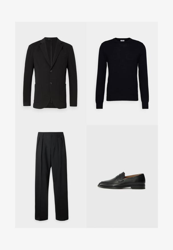 Sort blazer med en skræddersyet pasform, klaposhuller, to forlommer, en brystlomme og en knaplukning. Glat stof med mat finish.; Sort langærmet sweater lavet af blødt strikket materiale. Rund halsudskæring, ribbede manchetter og kant. Minimalistisk design uden synlige mønstre eller knapper.; Sorte skræddersyede bukser med høj talje, bæltestropper, frontfolder, knaplukning og lige vide ben på en lys baggrund.; Sort læder loafer med rund tå, diskret syning, og lav hæl, der har en glat tekstur og minimalistisk design.
