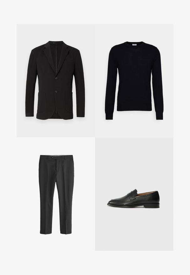 Sort blazer med en skræddersyet pasform, klaposhuller, to forlommer, en brystlomme og en knaplukning. Glat stof med mat finish.; Sort langærmet sweater lavet af blødt strikket materiale. Rund halsudskæring, ribbede manchetter og kant. Minimalistisk design uden synlige mønstre eller knapper.; Sorte bukser lavet af letvægtsstof, med en lige ben-design, knaplukning og for-lommer. Glat tekstur uden mønstre.; Sort læder loafer med rund tå, diskret syning, og lav hæl, der har en glat tekstur og minimalistisk design.