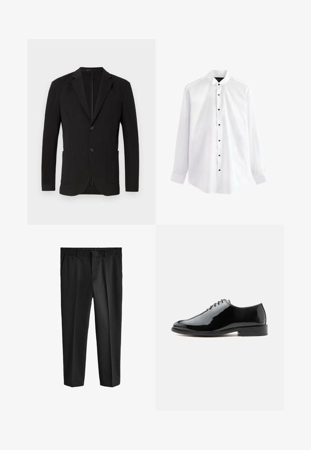 Sort blazer med en skræddersyet pasform, klaposhuller, to forlommer, en brystlomme og en knaplukning. Glat stof med mat finish.; Hvid skjorte med lange ærmer med sorte knapper, spidst krave og knappede manchetter, vist mod en ensfarvet baggrund.; Sorte bukser i lige ben-design, med flat front, sidelommer og et glat, skræddersyet udseende. Fremstillet af letvægtsstof.; Sort blank læderpumps med lukket snøring, lav hæl og glat rundet tå, vist fra ydersiden på en ensfarvet baggrund.