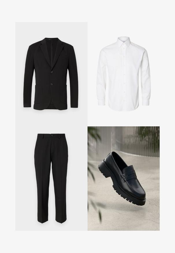Sort blazer med en skræddersyet pasform, klaposhuller, to forlommer, en brystlomme og en knaplukning. Glat stof med mat finish.; Hvid skjorte med lange ærmer, knapper foran, spids krave og knappede manchetter.; Sorte bukser lavet af glat stof, med lige ben design, forlommer, en enkelt knaplukning, og uden synlige mønstre.; Sorte læder loafers med en chunky sål, der har en dekorativ rem og syninger. Glat tekstur med en poleret overflade.
