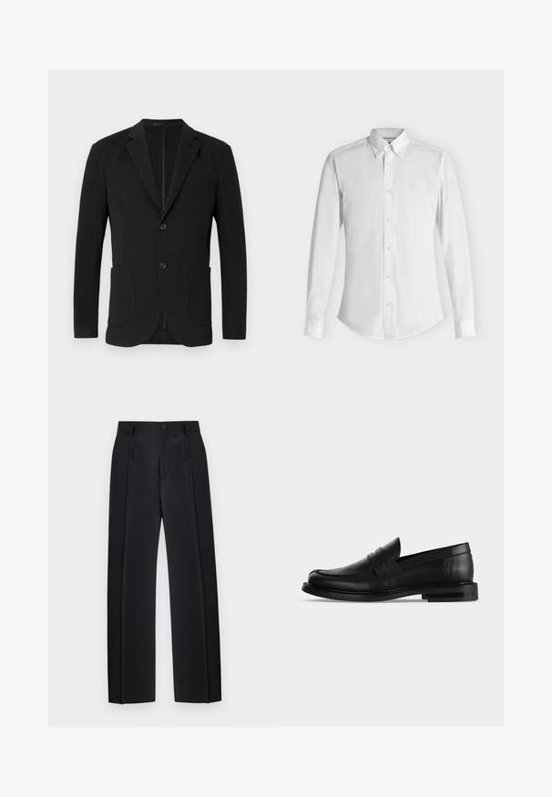Sort blazer med en skræddersyet pasform, klaposhuller, to forlommer, en brystlomme og en knaplukning. Glat stof med mat finish.; Hvid langærmet skjorte med knapper, spids krave og knapped manchet, lagt fladt på en lys baggrund.; Sorte skræddersyede bukser med lige ben, forreste folder, bæltestropper og knaplukning ved taljen.; Sort læder herre penny loafer med lav stablet hæl og rundet tå vist fra siden på lys grå baggrund.
