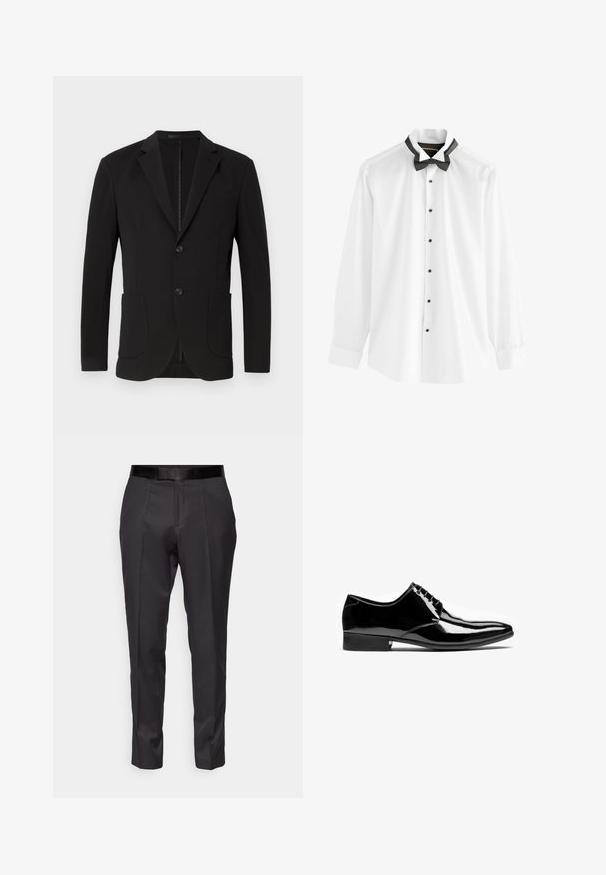 Blazer negro con un corte a medida, solapas de muesca, dos bolsillos frontales, un bolsillo en el pecho y cierre de botón. Tejido suave con un acabado mate.; Camisa de vestir blanca con botones negros, mangas largas y pajarita negra adjunta. Tejido liso y diseño clásico de cuello.; Pantalones negros ajustados con un corte slim, frente plano y un brillo sutil. Presentan una cinturilla negra suave y detalles de pliegue a lo largo de las piernas.; Zapato formal de hombre, negro brillante, de cuero, con cordones, punta puntiaguda y tacón bajo apilado sobre fondo blanco.