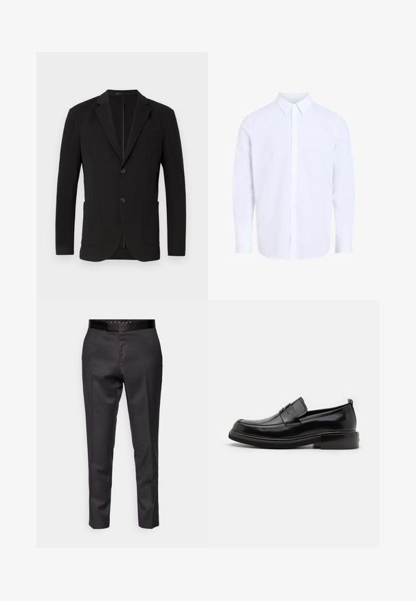 Zwarte blazer met een getailleerde pasvorm, notch revers, twee voorzakken, een borstzak en een knoopsluiting. Gladde stof met een matte afwerking.; Wit overhemd met lange mouwen en klassieke kraag, gemaakt van gladde stof, voorzien van een knoopsluiting aan de voorkant en een afgeronde zoom.; Op maat gemaakte zwarte broek met een gladde textuur, taps toelopende pijpen en een slanke tailleband. Heeft voorplooien en een minimalistisch ontwerp.; Calvin Klein MOCCASIN - Zakelijke loafers - black