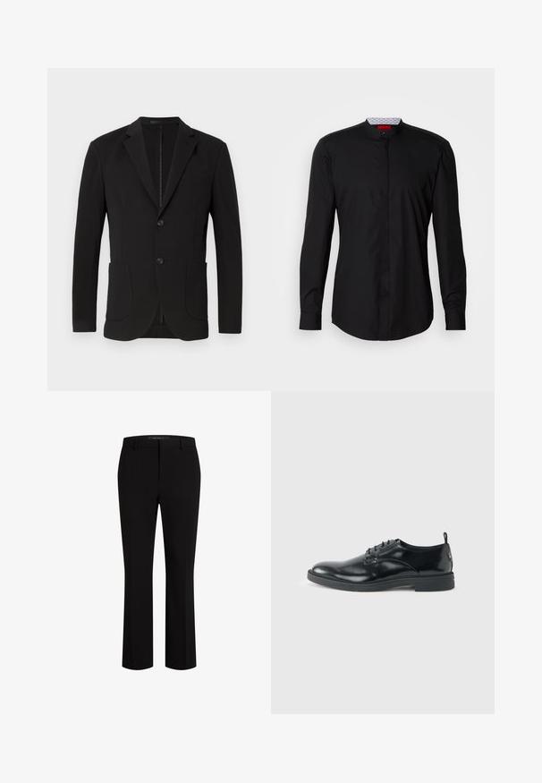 Sort blazer med en skræddersyet pasform, klaposhuller, to forlommer, en brystlomme og en knaplukning. Glat stof med mat finish.; Sort langærmet skjorte med mandarin-krave, lavet af et glat stof, med knaplukning foran og diskrete designdetaljer.; Sorte skræddersyede bukser lavet af glat stof, med en lige ben-design, bælte løkker og front-lommer for ekstra funktionalitet.; Blank sort læder dresssko med lav hæl, snørelukning og rund tå, vist fra siden på ensfarvet lys baggrund.