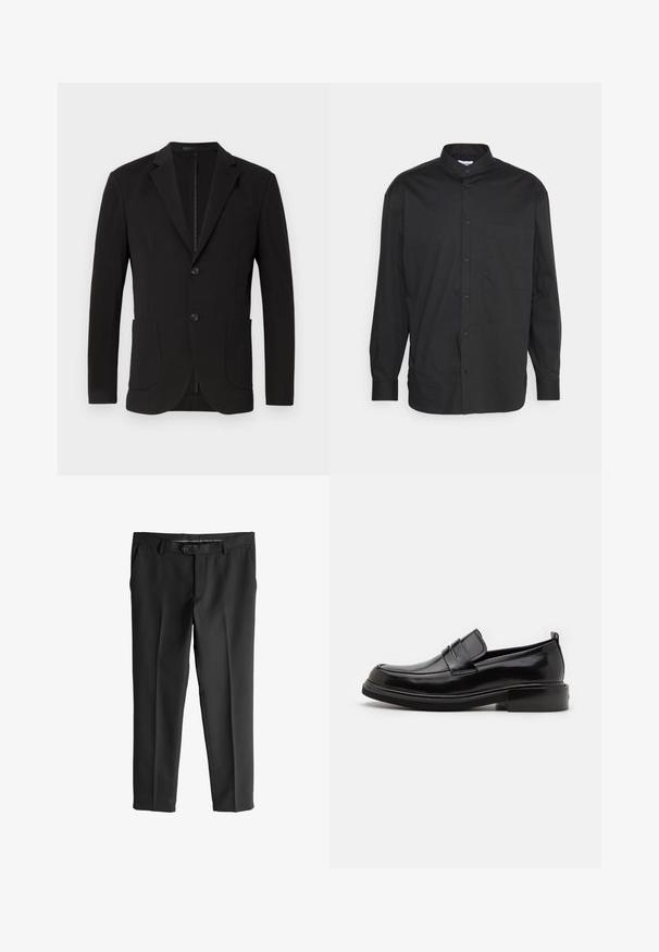 Blazer negro con un corte a medida, solapas de muesca, dos bolsillos frontales, un bolsillo en el pecho y cierre de botón. Tejido suave con un acabado mate.; Camisa negra de manga larga hecha de tela suave, con un cuello abotonado, bolsillo en el frente y un sutil logo en el pecho.; Next SKINNY FIT TEXTURED - Pantalón de traje - black; Calvin Klein MOCCASIN - Mocasines elegantes - black