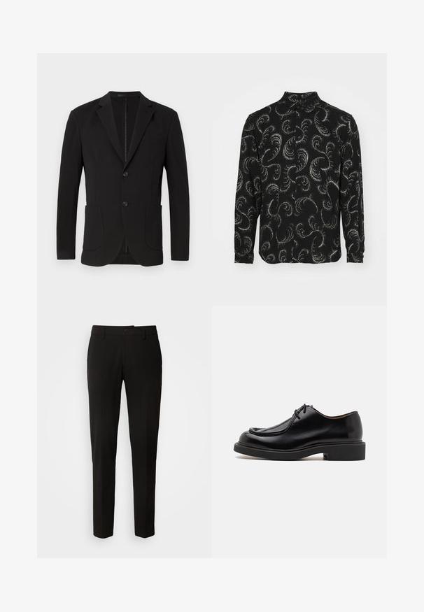 Blazer negro con un corte a medida, solapas de muesca, dos bolsillos frontales, un bolsillo en el pecho y cierre de botón. Tejido suave con un acabado mate.; Camisa negra de botones con patrones paisley en espiral blancos, mangas largas y cuello estándar, fabricada en un tejido ligero.; Pantalones negros con un diseño de pierna recta, con cierre de botón, trabillas para cinturón y una textura de tela suave. Sin patrones ni acentos visibles.; Zapato de cuero negro con punta redondeada, detalles de costura, cordones mínimos y suela de goma gruesa para tracción y durabilidad.