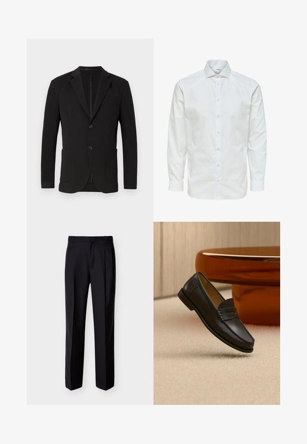 Blazer negro con un corte a medida, solapas de muesca, dos bolsillos frontales, un bolsillo en el pecho y cierre de botón. Tejido suave con un acabado mate.; Camisa blanca de vestir de manga larga con botones en la parte delantera y cuello puntiagudo, mostrada sobre un fondo blanco.; Pantalones negros hechos a medida con corte recto, pinzas delanteras y bolsillos laterales. Elaborados con una tela suave y ligera con un patrón sólido.; Zapato mocasín de cuero negro suspendido sobre una alfombra beige con muebles modernos de color ámbar en el fondo.