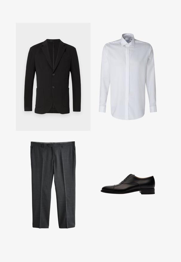Sort blazer med en skræddersyet pasform, klaposhuller, to forlommer, en brystlomme og en knaplukning. Glat stof med mat finish.; Hvid langærmet skjorte med klassisk krave, enkelt frontlukning og knapmanchetter. Fremstillet af glat, letvægts bomuldsstof.; Mørkegrå formelle bukser med knap- og lynlåslukning foran, bæltestropper og sidelommer, vist fladt på en hvid baggrund.; Sort læder snøresko med rund tå, kap-tå detalje og en lav blokhæl. Glat tekstur med subtile syninger.
