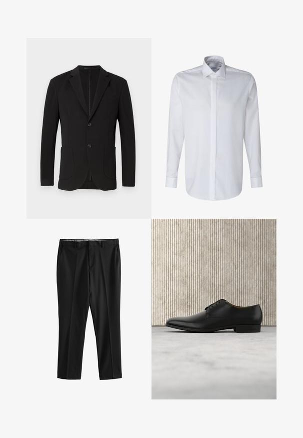 Sort blazer med en skræddersyet pasform, klaposhuller, to forlommer, en brystlomme og en knaplukning. Glat stof med mat finish.; Hvid langærmet skjorte med klassisk krave, enkelt frontlukning og knapmanchetter. Fremstillet af glat, letvægts bomuldsstof.; Sorte formelle bukser med bæltestropper, forlommer og lige ben, vist fladt på en hvid baggrund.; Sorte læderdress sko med en glat finish, rund tå, lav hæl og snørelukning. Har minimalistiske detaljer for et elegant udseende.