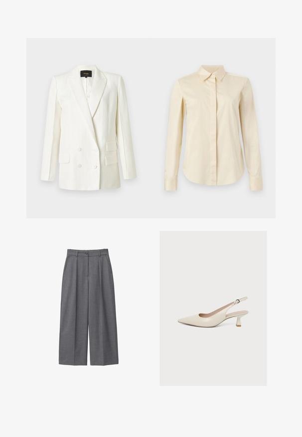 Blazer blanc à double boutonnage avec de fines rayures verticales, col à revers cranté, deux poches à rabat et quatre boutons blancs sur le devant.; Chemise à manches longues de couleur crème, à boutons, avec un col pointu et une patte de boutonnage cachée, présentée sur un fond uni.; Pantalons larges gris en tissu lisse, dotés d'une taille haute, de plis, d'une fermeture à bouton et de poches latérales. Design minimaliste.; Escarpin slingback en cuir beige avec bout pointu, petit talon courbé et bride réglable avec boucle.