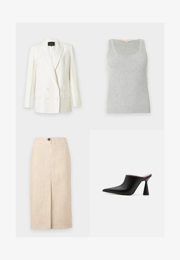 Blazer blanc à double boutonnage avec de fines rayures verticales, col à revers cranté, deux poches à rabat et quatre boutons blancs sur le devant.; Débardeur côtelé gris avec un col en U, fabriqué à partir d'un tissu tricoté texturé. Présente une silhouette ajustée et des détails de couture minimalistes.; Jupe crayon beige longueur genou avec une fente avant, deux poches latérales horizontales et une fermeture unique par bouton noir à la taille.; Mules en cuir noir avec un bout pointu et un talon conique unique. Texture lisse et design minimaliste, à dos ouvert pour un enfilage facile.