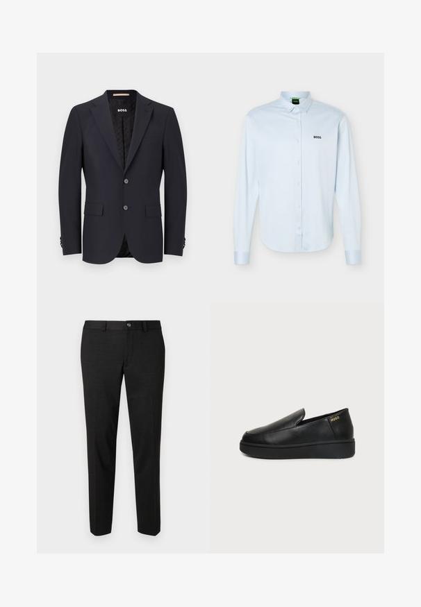 Navyblauer taillierter Blazer aus glattem Stoff, mit zwei Knöpfen, Vier-Knopf-Manschetten und einer einzelnen Brusttasche. Gefütterter Innenraum mit Logo.; Hellblaues langärmliges Hemd mit Knopfleiste und Kragen, schwarzem "BOSS"-Logo auf der linken Brust und geknöpften Manschetten.; Schwarze Hose aus glattem Stoff. Sie hat einen geraden Schnitt, eine flache Vorderseite und einen Knopfverschluss mit einem schlichten Taillendesign.; Schwarzer Lederschlupfschuh mit dicker Sohle und kleinen seitlichen Belüftungslöchern, mit goldenem "HUGO"-Logo nahe der Ferse.