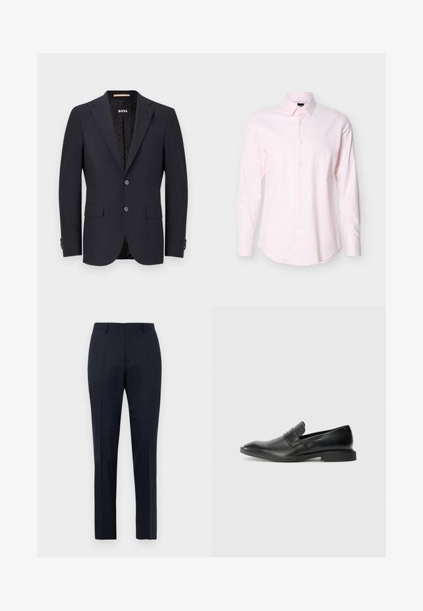 Navyblauer taillierter Blazer aus glattem Stoff, mit zwei Knöpfen, Vier-Knopf-Manschetten und einer einzelnen Brusttasche. Gefütterter Innenraum mit Logo.; Hellrosa Herrenlangarmhemd mit Knopfleiste und klassischem Kragen vor hellem, einfachem Hintergrund.; Marineblaue, maßgeschneiderte Herrenhosen mit subtilen Karomuster, Gürtelschlaufen und Bügelfalte, frontal auf weißem Hintergrund präsentiert.; Schwarze Lederlofer mit glatter Oberfläche, spitzer Zehenform und niedrigem rechteckigen Absatz. Mit horizontalem Riemen-Detail über dem Obermaterial.