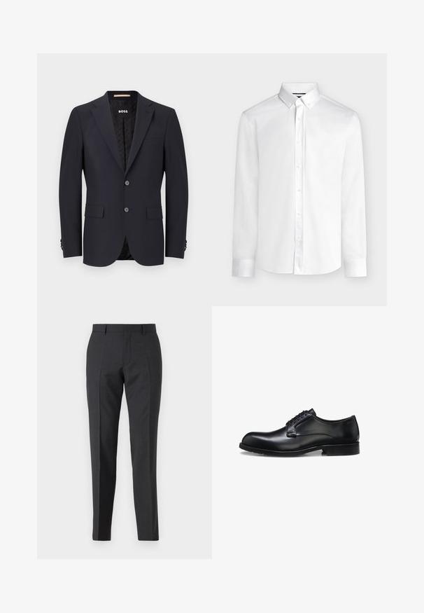 Navyblauer taillierter Blazer aus glattem Stoff, mit zwei Knöpfen, Vier-Knopf-Manschetten und einer einzelnen Brusttasche. Gefütterter Innenraum mit Logo.; Weißes langärmeliges Hemd mit Knopfleiste, einem geknöpften Kragen und Standardmanschetten, dargestellt auf einem einfarbigen hellgrauen Hintergrund.; Dunkelgraue maßgeschneiderte Hose mit geradem Schnitt, verfügt über Seitentaschen und eine subtile Textur. Die Verschlüsse umfassen einen Reißverschluss und Gürtelschlaufen.; Schwarzer polierter Herrenschuh aus Leder mit geschlossenem Schnürsystem, niedrigem Absatz und dezentem Marken-Detail nahe der Ferse auf weißem Hintergrund.