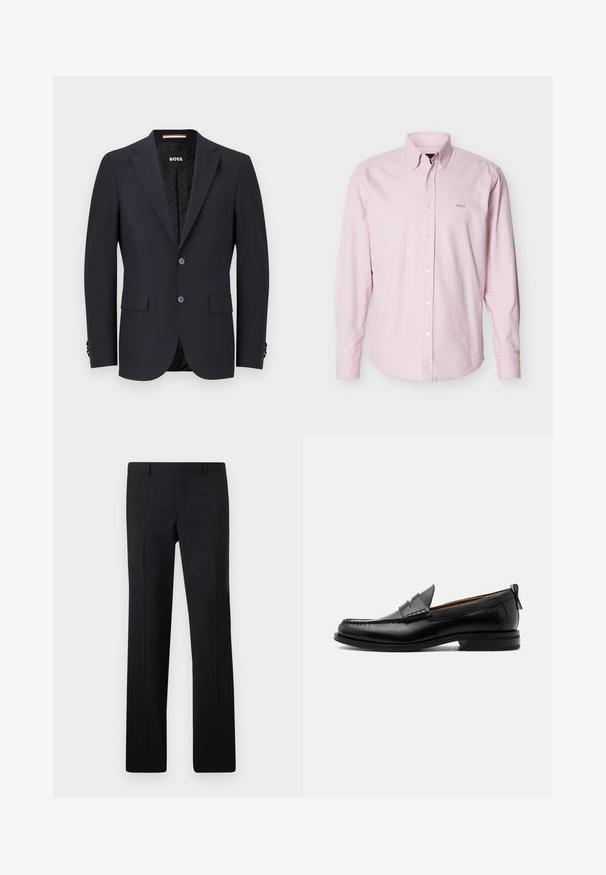 Navyblauer taillierter Blazer aus glattem Stoff, mit zwei Knöpfen, Vier-Knopf-Manschetten und einer einzelnen Brusttasche. Gefütterter Innenraum mit Logo.; Hellrosa langärmliges Hemd mit Knöpfen, Button-Down-Kragen und kleinem "BOSS"-Logo auf der linken Brust bestickt.; Schwarze maßgeschneiderte Hose mit geradem Schnitt, scharfen Falten und glatter Oberfläche. Hergestellt aus leichtem Stoff mit einem sauberen Bund.; Schwarzer Leder-Herrenschuh mit Mokassinnaht, Penny-Riemen, strukturiertem Kragen und niedrigem gestapeltem Absatz auf weißem Hintergrund.