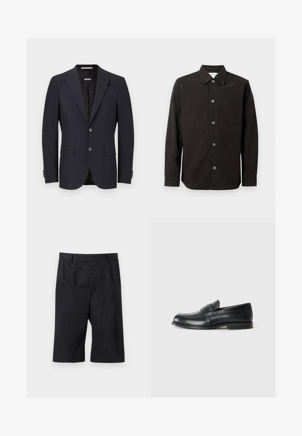 Marineblå skræddersyet blazer i glat stof, med to knapper, fire-knap manchetter og en enkelt brystlomme. Foring med logo.; Sort skjorte med knapper lavet af bomuld, med krave, forlommek og et diskret logo på brystet, samt en jævn tekstur.; Sorte knælange skrædderede shorts med bæltestropper og forreste folder, lagt fladt på en lysegrå baggrund.; Sorte læder loafers med rund tå, syet detaljer og en flad gummisål. Har en bred rem over vristen.